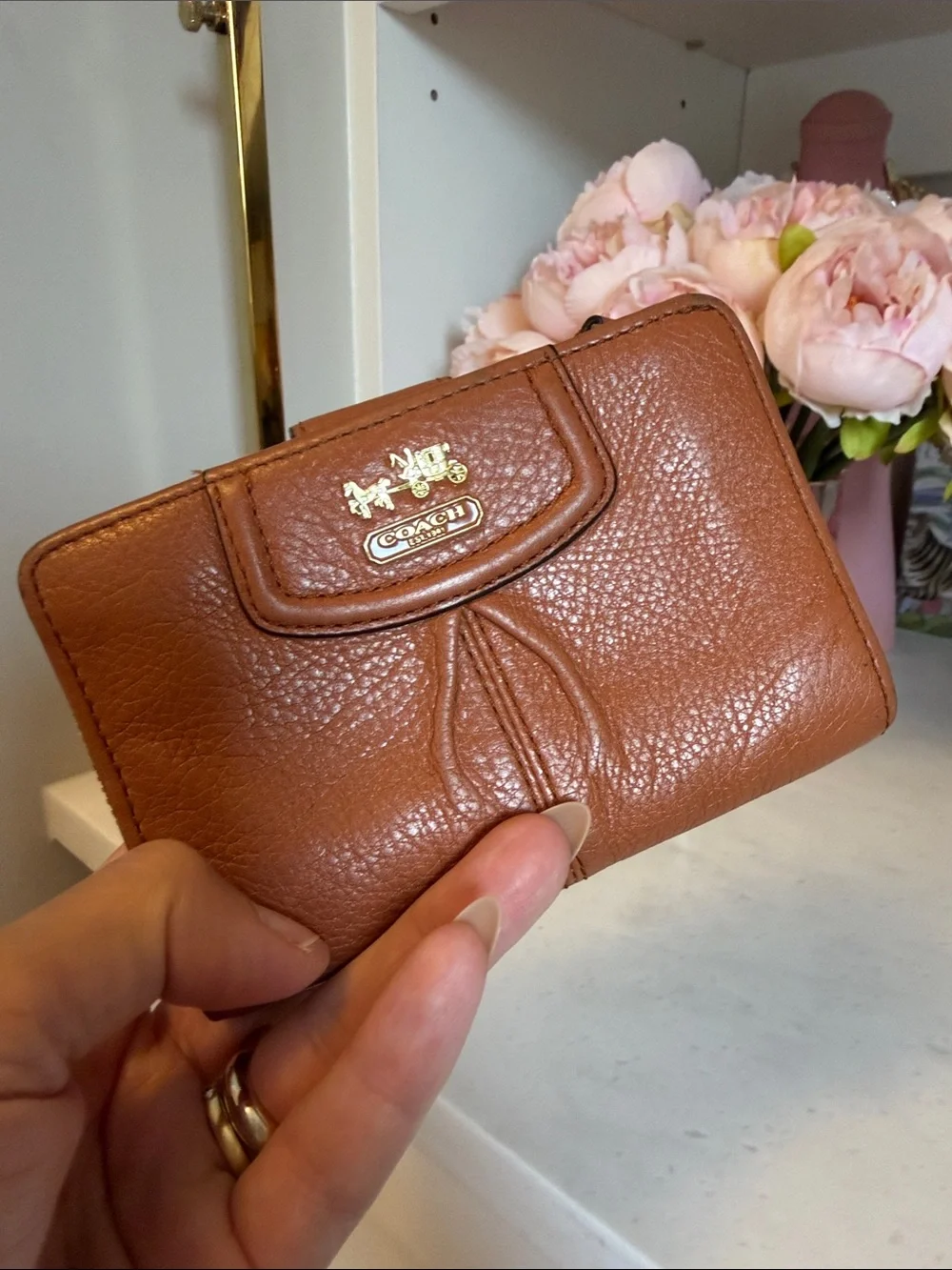 Coach Legacy Warm Brown Pebbled Leather Compact Wallet with Gold Logo
